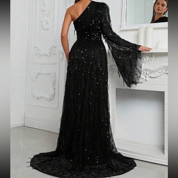 Luxe one shoulder slit thigh party prom wedding holidays sequins dress - Picture 2 of 8
